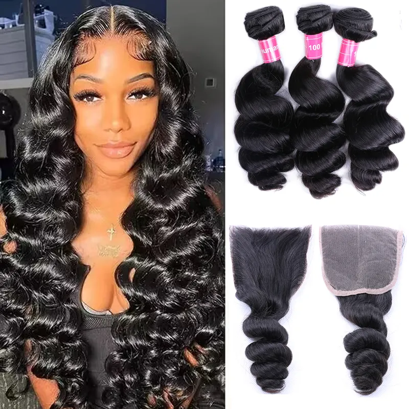 Sterly Hair 3 Bundles Loose Wave Virgin Hair with 4×4 Transparent Lace Closure