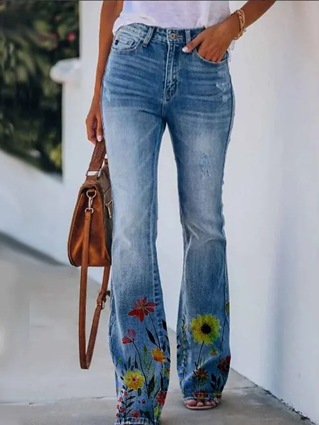 Women's Jeans Bootcut Flare Full Length Faux Denim Side Pockets Wide Leg High Elasticity Mid Waist Fashion Casual Weekend 31803 31806 S M
