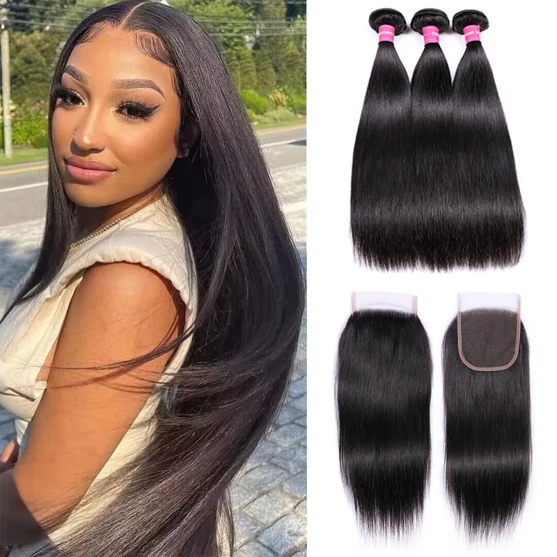 Sterly Raw Hair Straight Human Hair Weave 3 Bundles With 4×4 Lace Closure