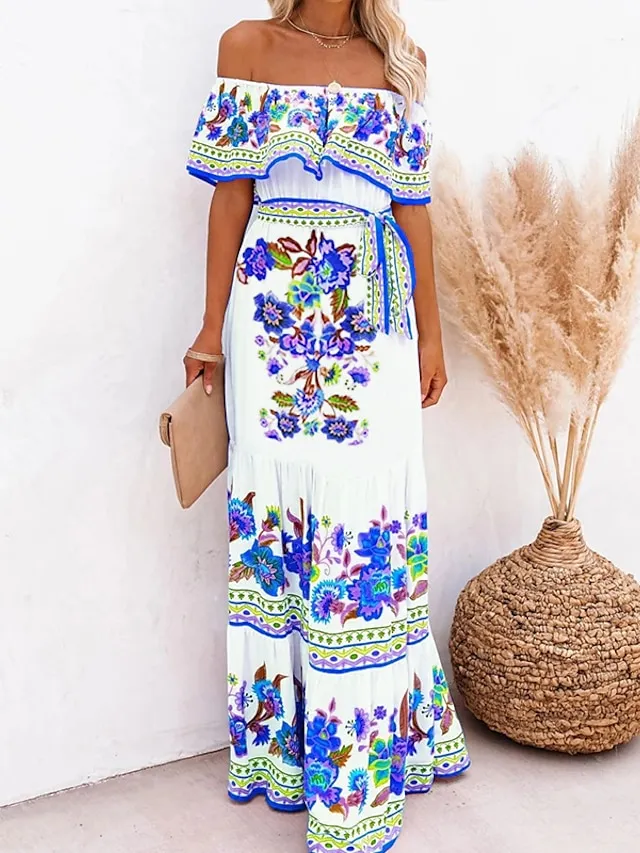 Women's Swing Dress Boho Dress Long Dress Maxi Dress Black White Yellow Short Sleeve Floral Cold Shoulder Summer Spring Off Shoulder Romantic Vacation Summer Dress Spring Dress Regular Fit 2023 S M L