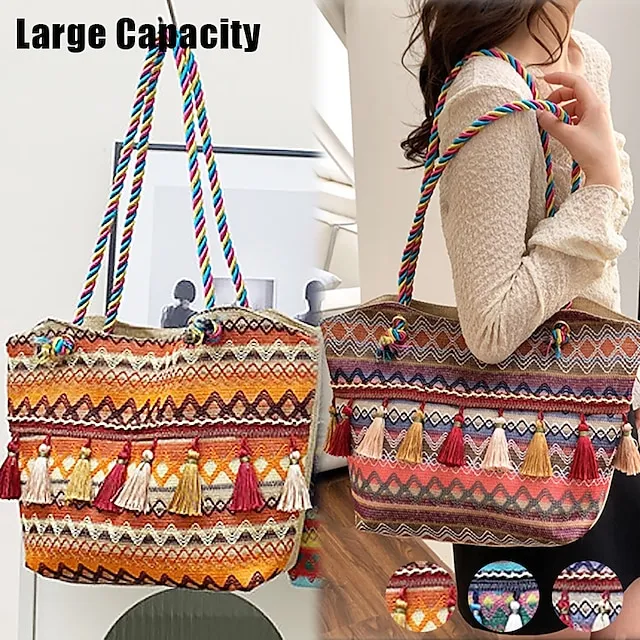 Women's Tote Shoulder Bag Hobo Bag Straw Bag Polyester Holiday Beach Tassel Zipper Large Capacity Breathable Lightweight Color Block Patchwork Folk Red Blue Orange
