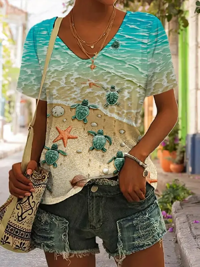 Turtle Print V-Neck T-Shirt