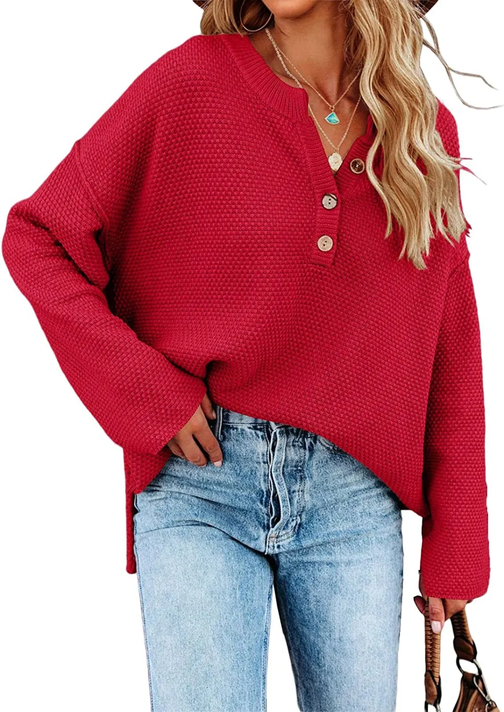 Women's Oversized Sweaters Batwing Long Sleeve Loose V Neck Button Henley Tops Pullover Knit Jumper