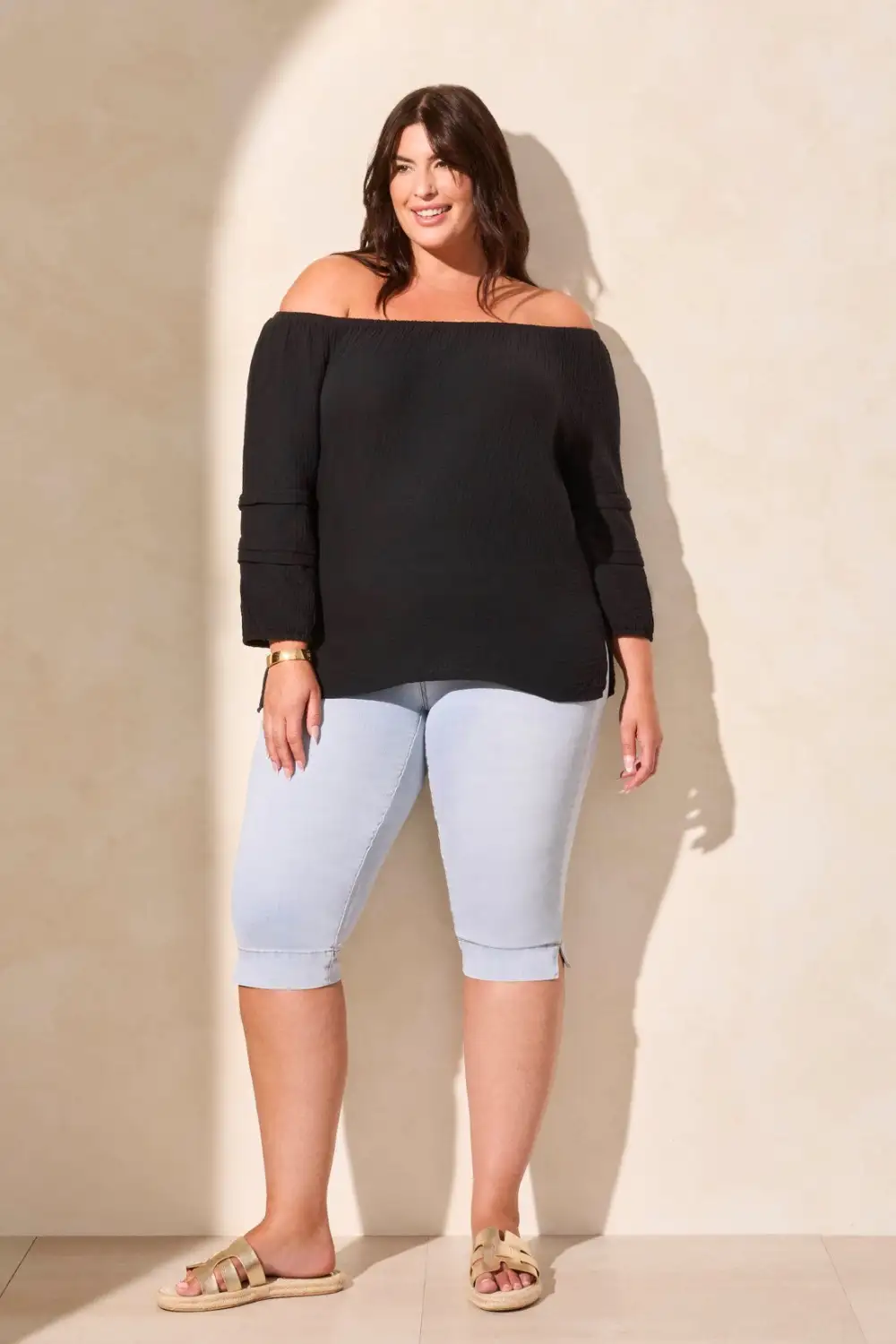 Cotton Gauze Convertible Off-Shoulder Top-Black