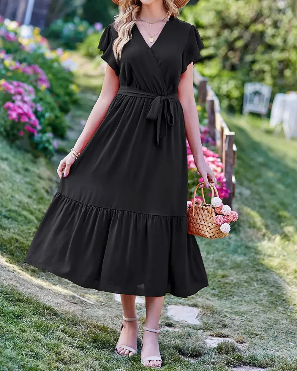 Women Summer Bohemian Floral Casual Wrap V Neck Ruffle Cap Sleeveless Belt A-Line Pleated Hem Swing Midi Sun Dress