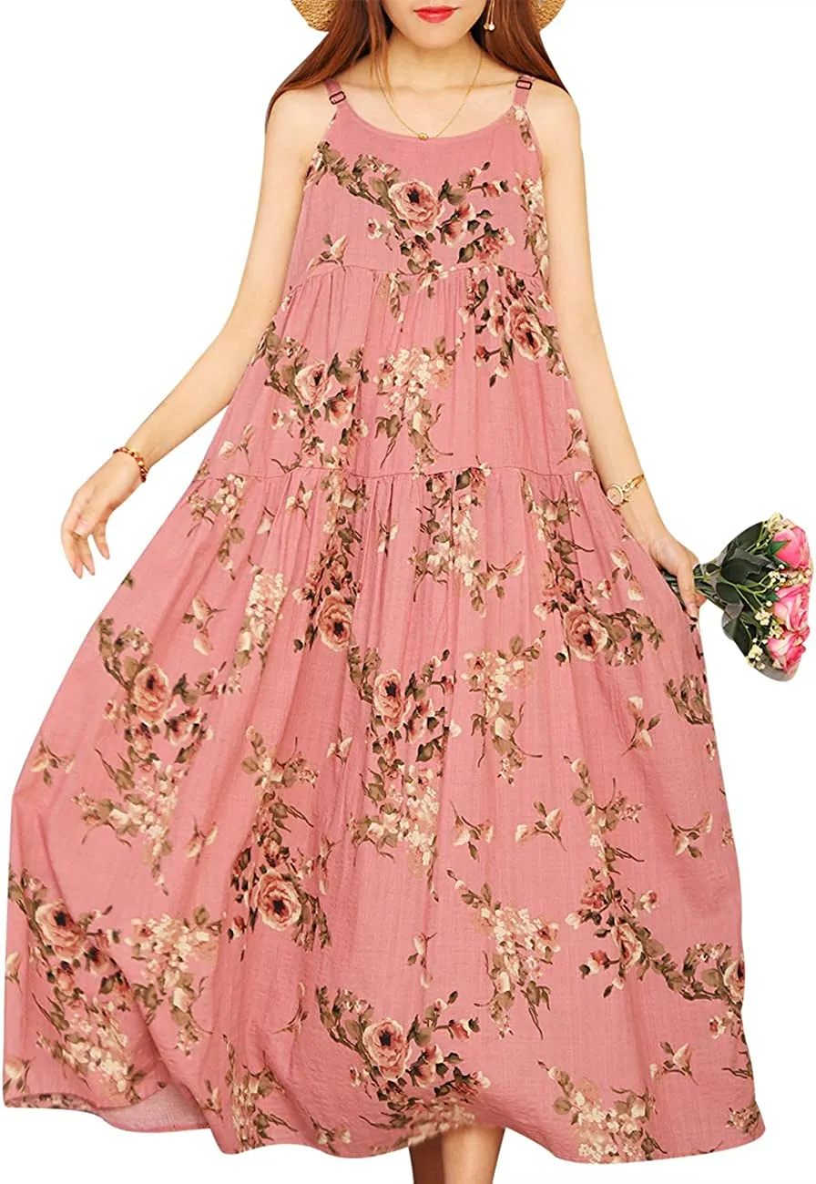 Summer Dresses for Women Casual Loose Bohemian Floral Dress with Pockets Spaghetti Strap Maxi Dress E75