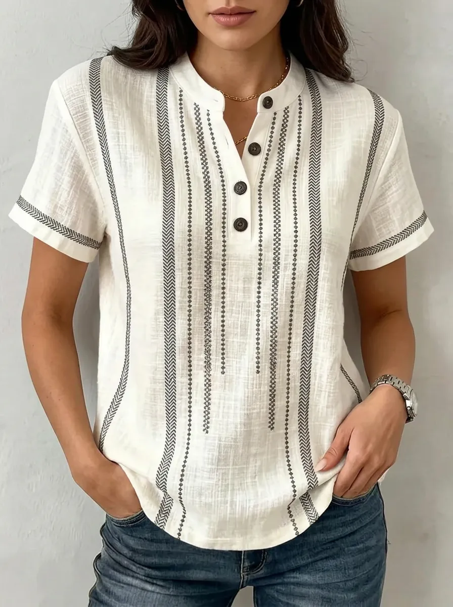 Women's Nashville Travel Striped Pattern Printed Henley Shirt