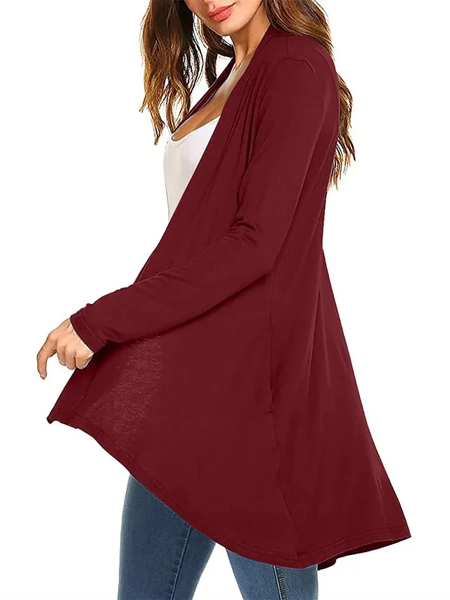 Women's Cardigan Sweater Open Front Ribbed Knit Knit Pocket Summer Fall Outdoor Daily Weekend Stylish Casual Soft Long Sleeve Solid Color Black White Wine S M L