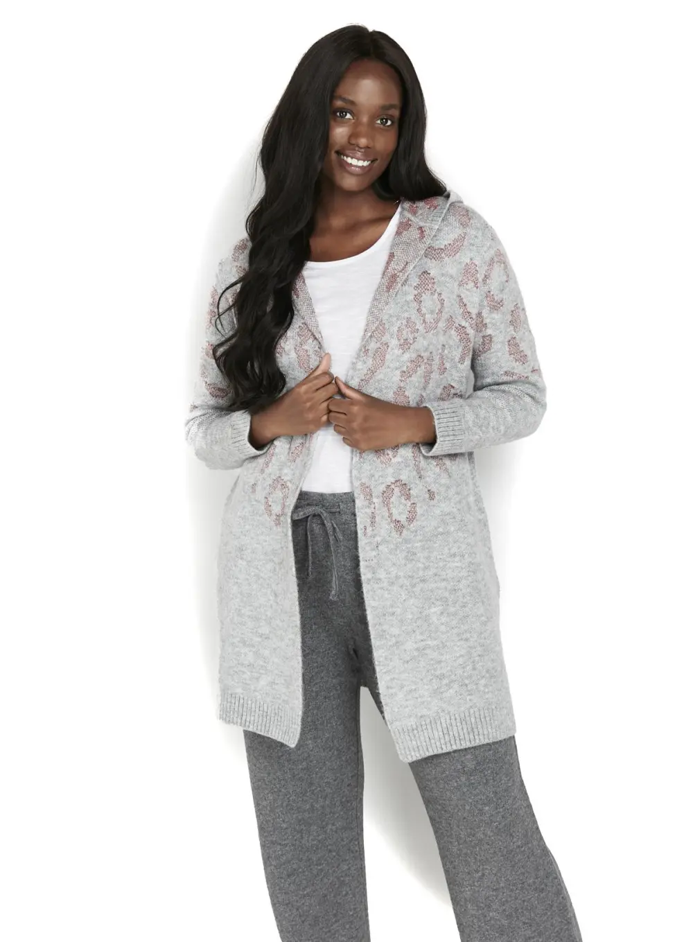 Evans Grey & Pink Leopard Print Hooded Cardigan