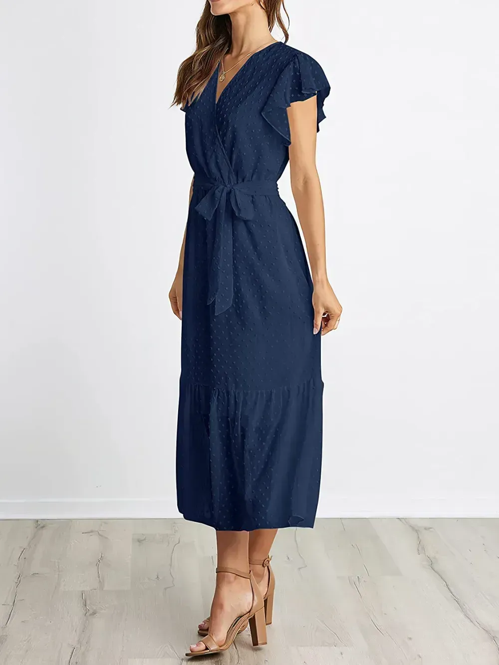 Women Summer Bohemian Floral Casual Wrap V Neck Ruffle Cap Sleeveless Belt A-Line Pleated Hem Swing Midi Sun Dress