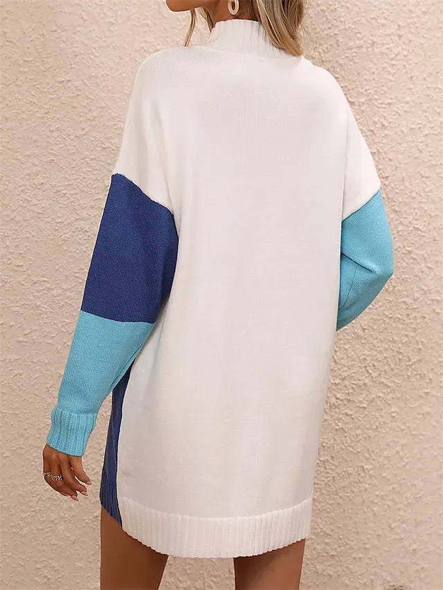 Women's Sweater Dress Jumper Dress Winter Dress Mini Dress Knitwear Fashion Casual Color Block Outdoor Daily Vacation Going out Crew Neck Long Sleeve Patchwork 2023 Loose Fit Black Blue khaki S M L XL