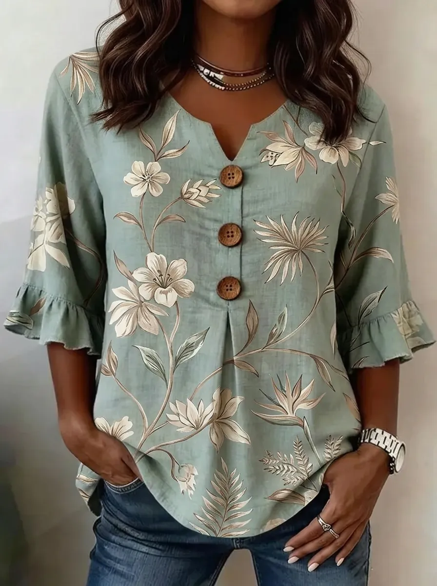 Women's Nashville Floral Botanical Printed V-Neck Button Top
