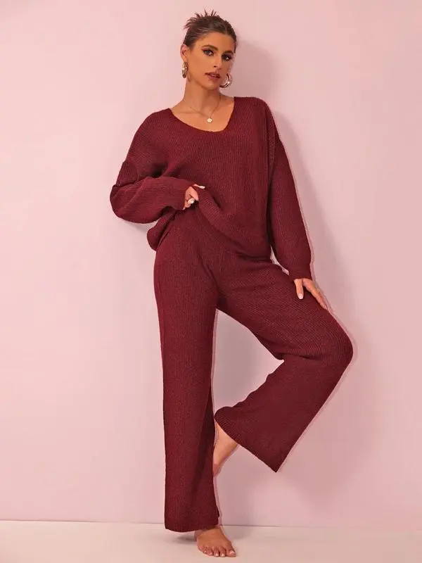 Two-piece Set Women's Solid Color Drop Shoulder Sweater & Pants