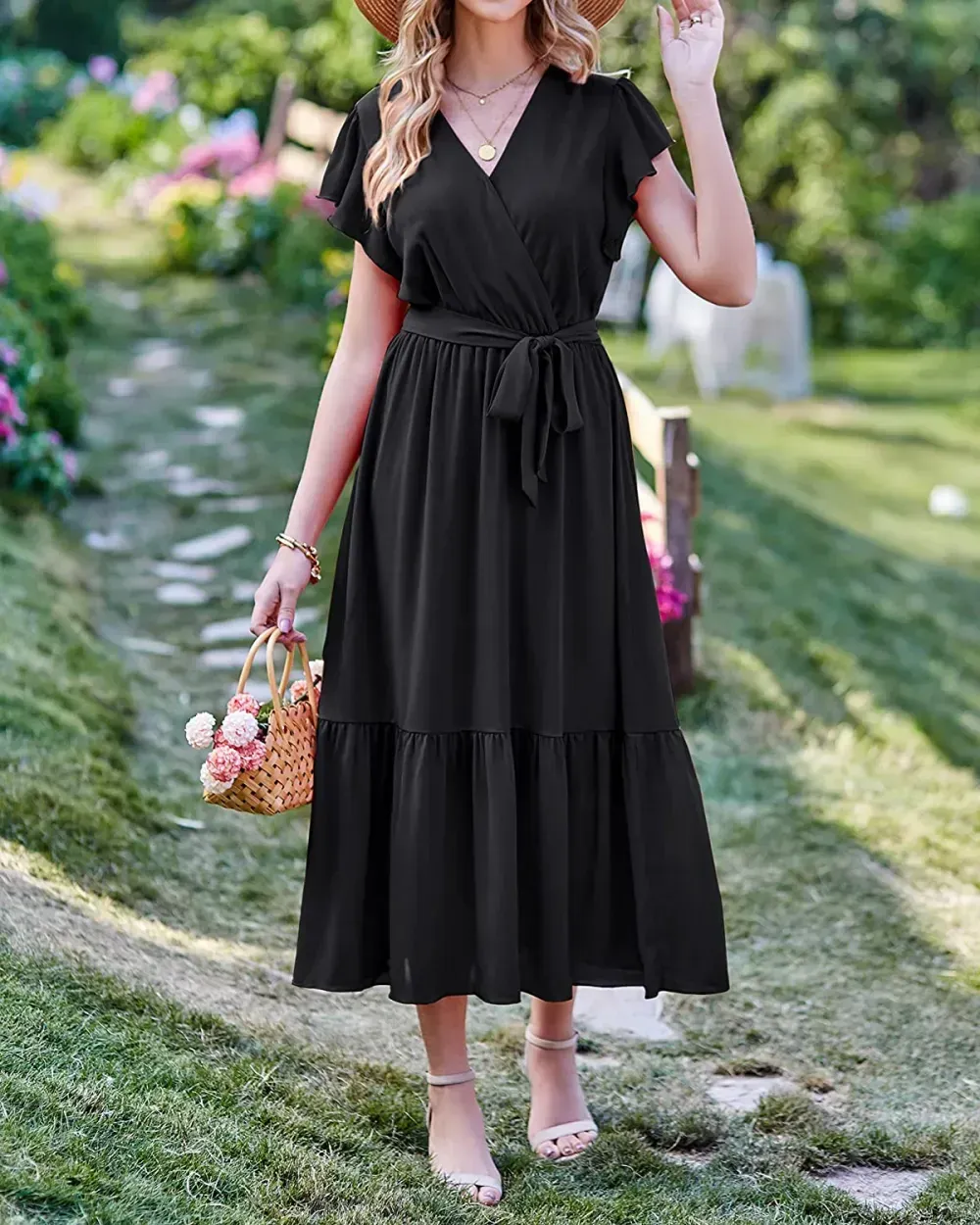 Women Summer Bohemian Floral Casual Wrap V Neck Ruffle Cap Sleeveless Belt A-Line Pleated Hem Swing Midi Sun Dress