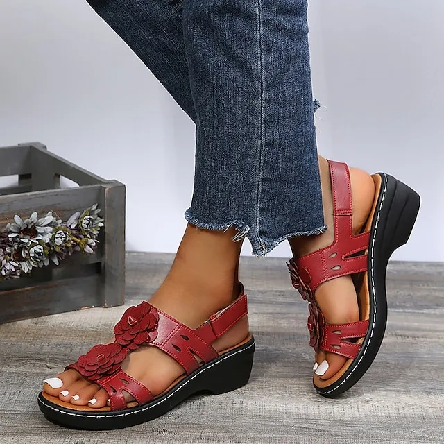 Women's Sandals Wedge Sandals Ankle Strap Sandals Outdoor Daily Summer Flower Cuban Heel Open Toe Vintage Casual Faux Leather Patent Leather Magic Tape Solid Color Dark Brown Black White