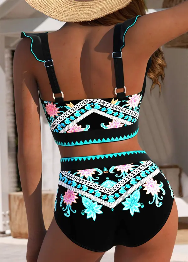 Circular Ring Mid Waisted Tribal Print Black Bikini Set