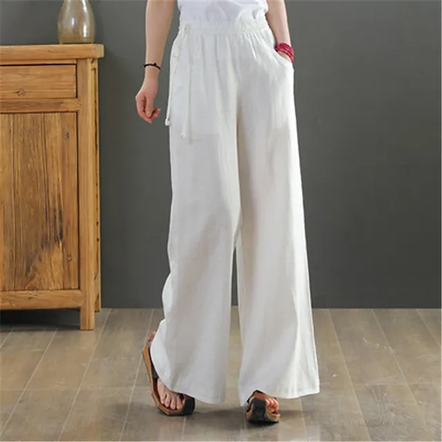 Women's Wide Leg Pants Trousers Baggy 100% Cotton Baggy Mid Waist Fashion Streetwear Office Work Black White S M Autumn / Fall Spring & Summer