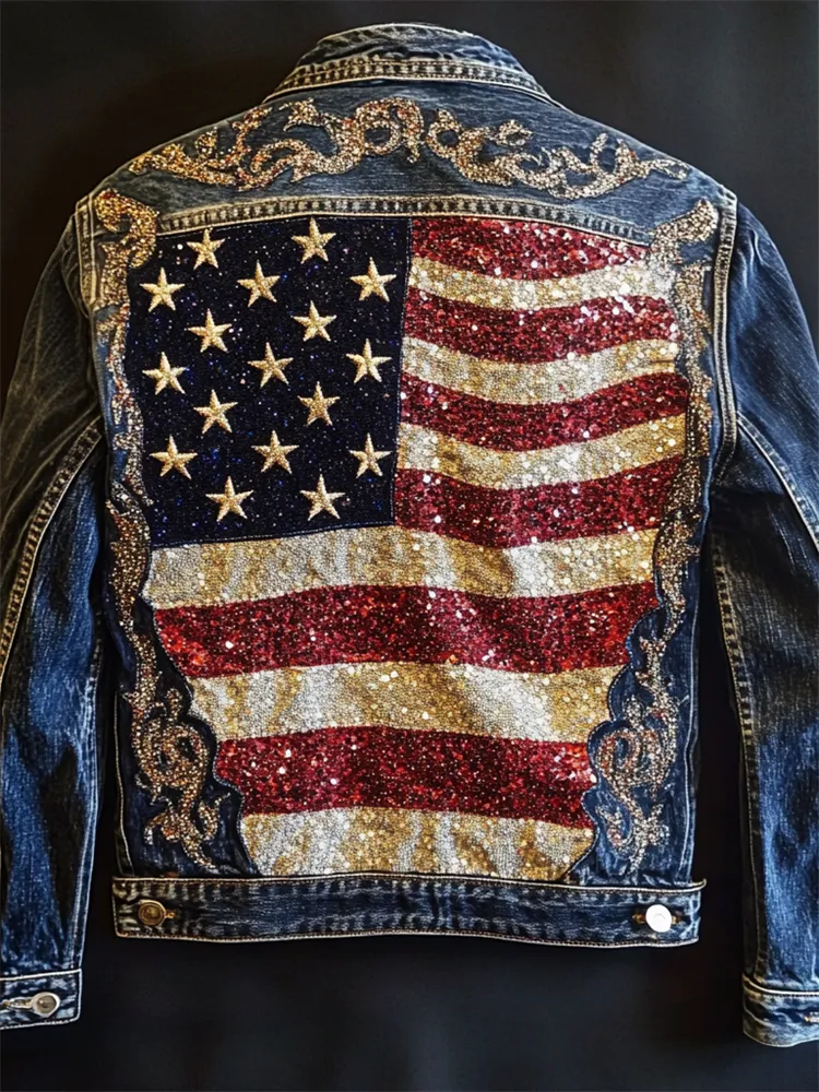 Vintage American Flag Glitter Washed Denim Jacket