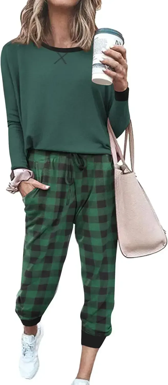 Women's Pajamas Sets Long Sleeve with Plaid Pants Soft Sleepwear O Neck 2 Piece Pjs Joggers Loung Set with Pockets