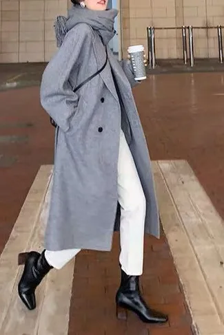 Solid Double Front Tie Breasted Lapel Coat