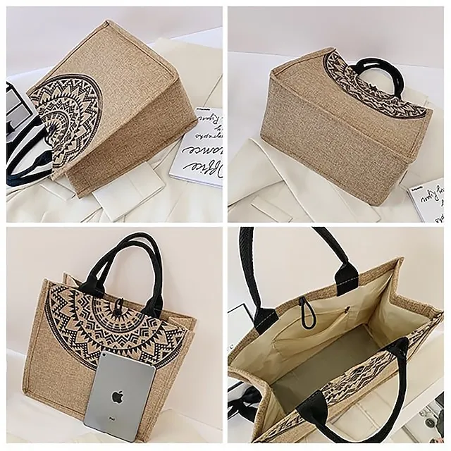 Women's Handbag Tote Linen Shopping Daily Buckle Large Capacity Foldable Lightweight Solid Color Folk khaki