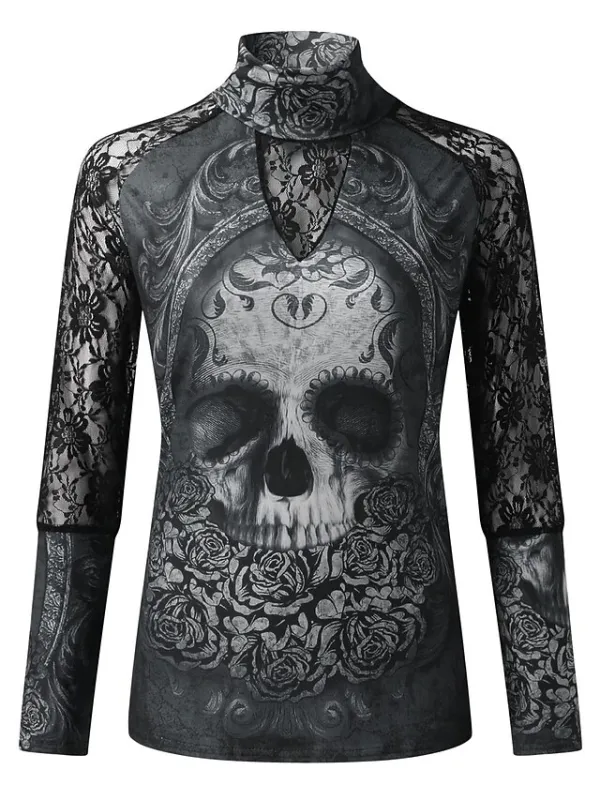 Women's T shirt Tee Black Skull Lace Print Long Sleeve Halloween Weekend Basic High Neck Regular Painting S