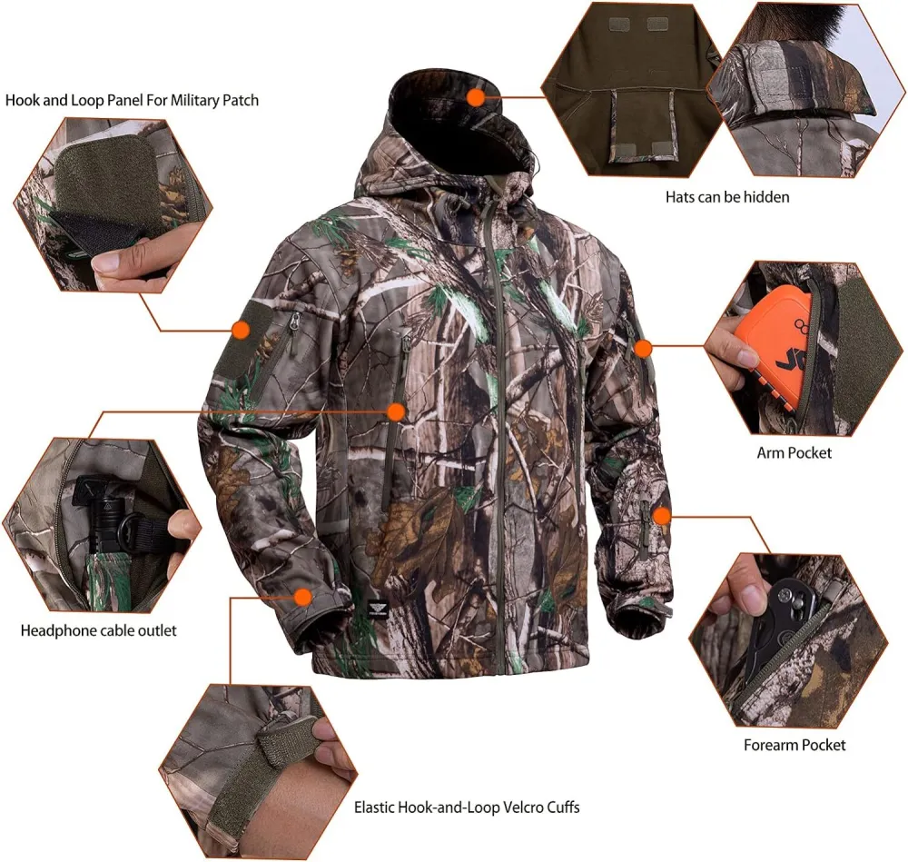 Hunting Jacket for Men Quiet Hunting Camouflage Clothing Hoodie Camo Coat Water-Repellent Windproof