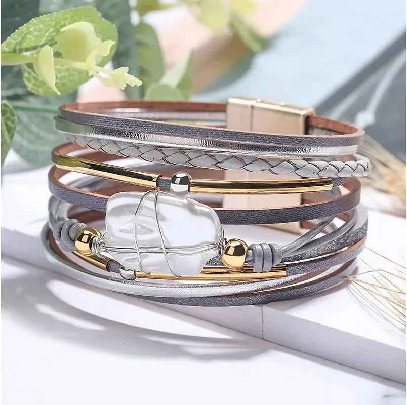 Fesciory Leather Wrap Bracelets for Women, Boho Leopard Multi-Layer Crystal Beads Cuff Bracelet Jewelry