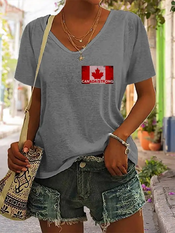 Women's Canada Strong Flag Print V-Neck T-Shirt