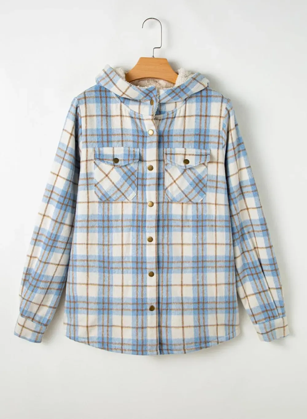 Womens Plaid Shacket Jacket Long Sleeve Button Down Fleece Hooded Jackets Warm Coat