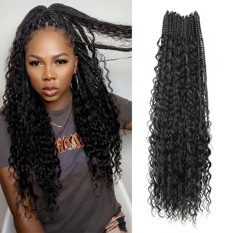 Pre-looped Crochet Human Hair Boho Box Braids Human Hair Curls Ends, Reusable Hair