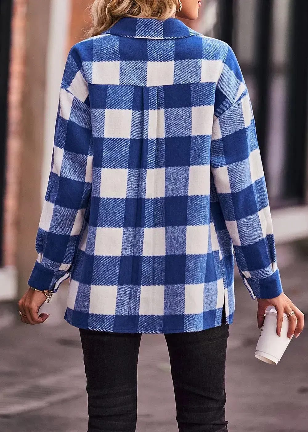 Women's 2023 Fall Clothes Plaid Shacket Jacket Long Sleeve Button Down Flannel Shirts Fashion Blouse