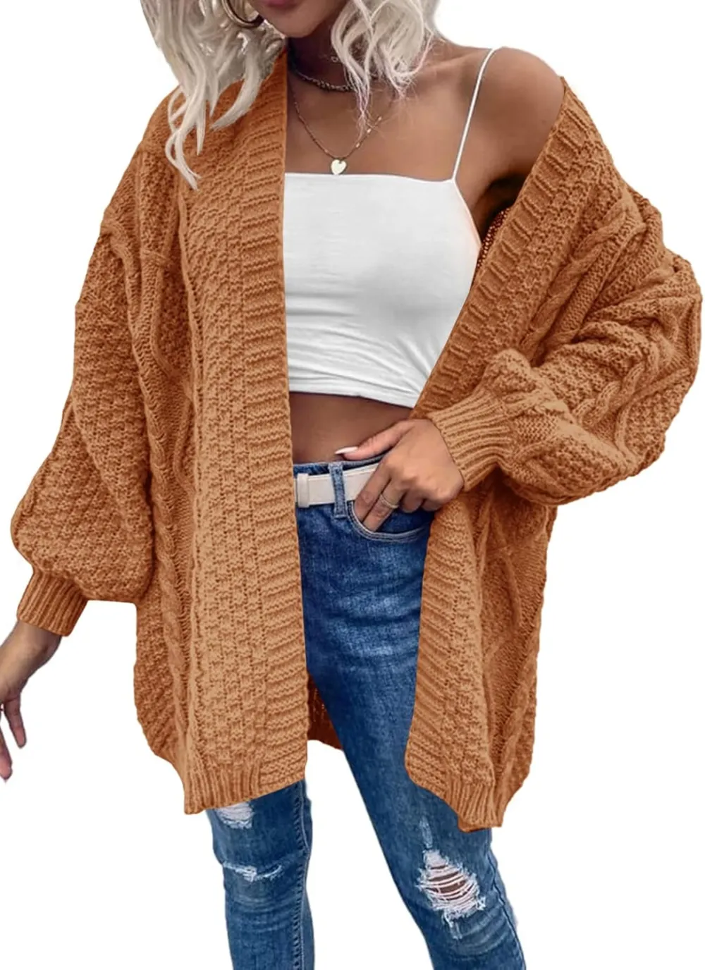 Dyexces Womens Oversized Cardigan Sweaters Open Front Cable Knit Lantern Long Sleeve Chunky Outwear Coats