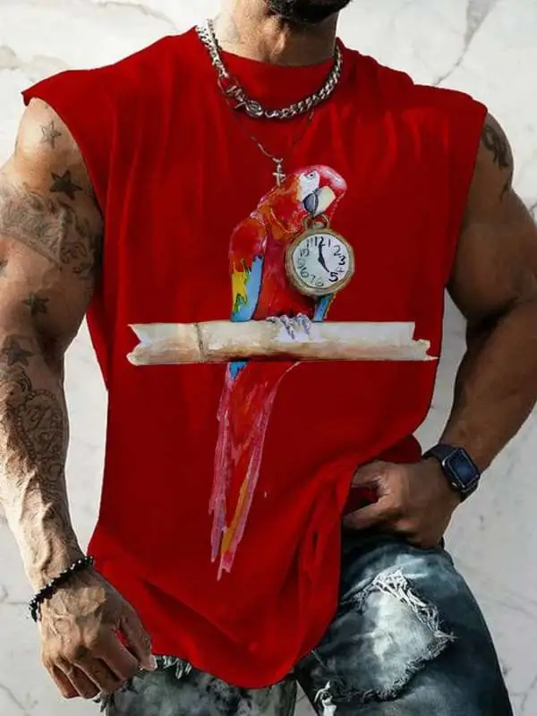 Men's 5 O'clock Parrot Print Round Neck Tank Top