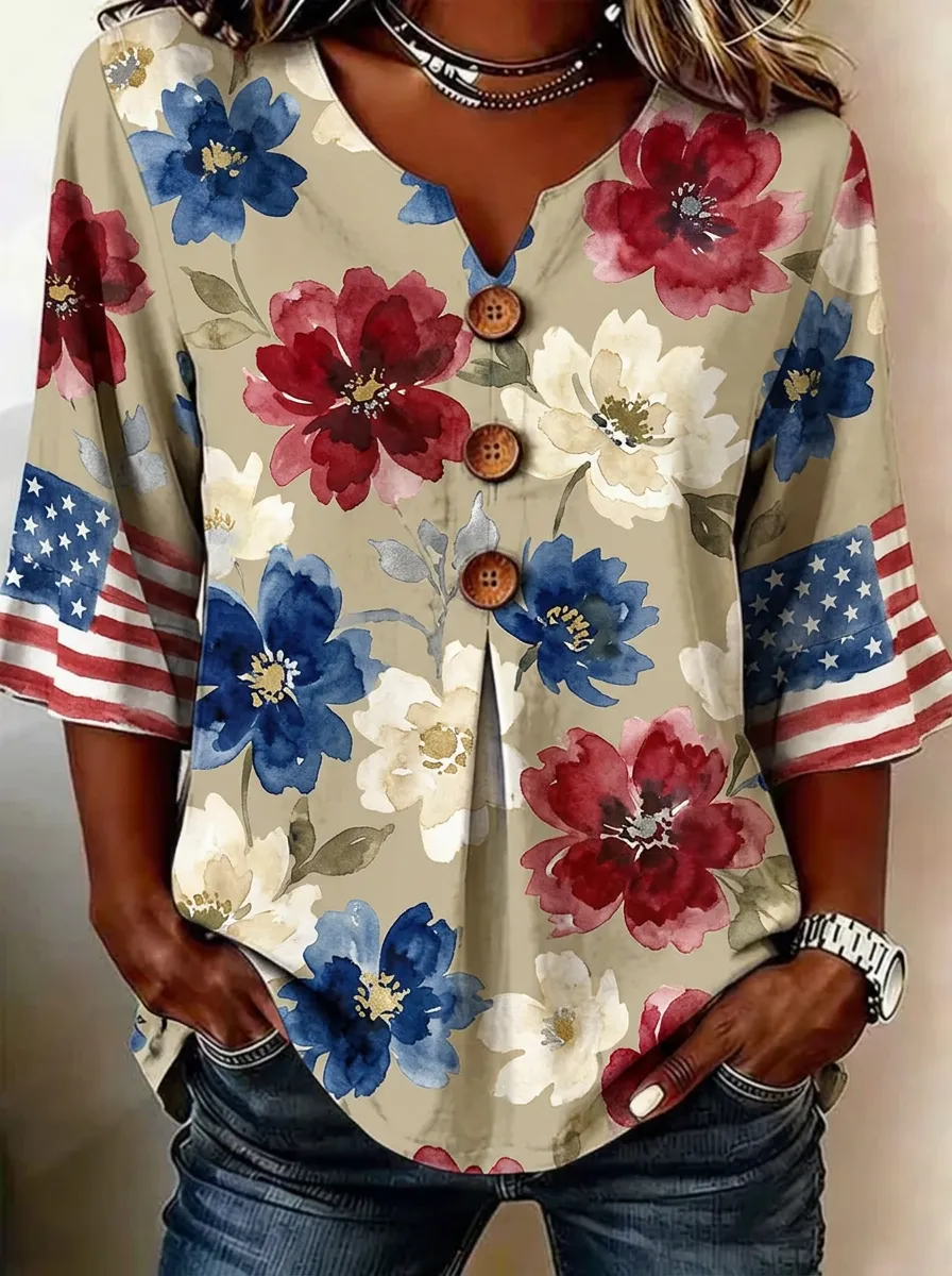 Women's Nashville Patriotic Floral American Flag Printed V-neck Top