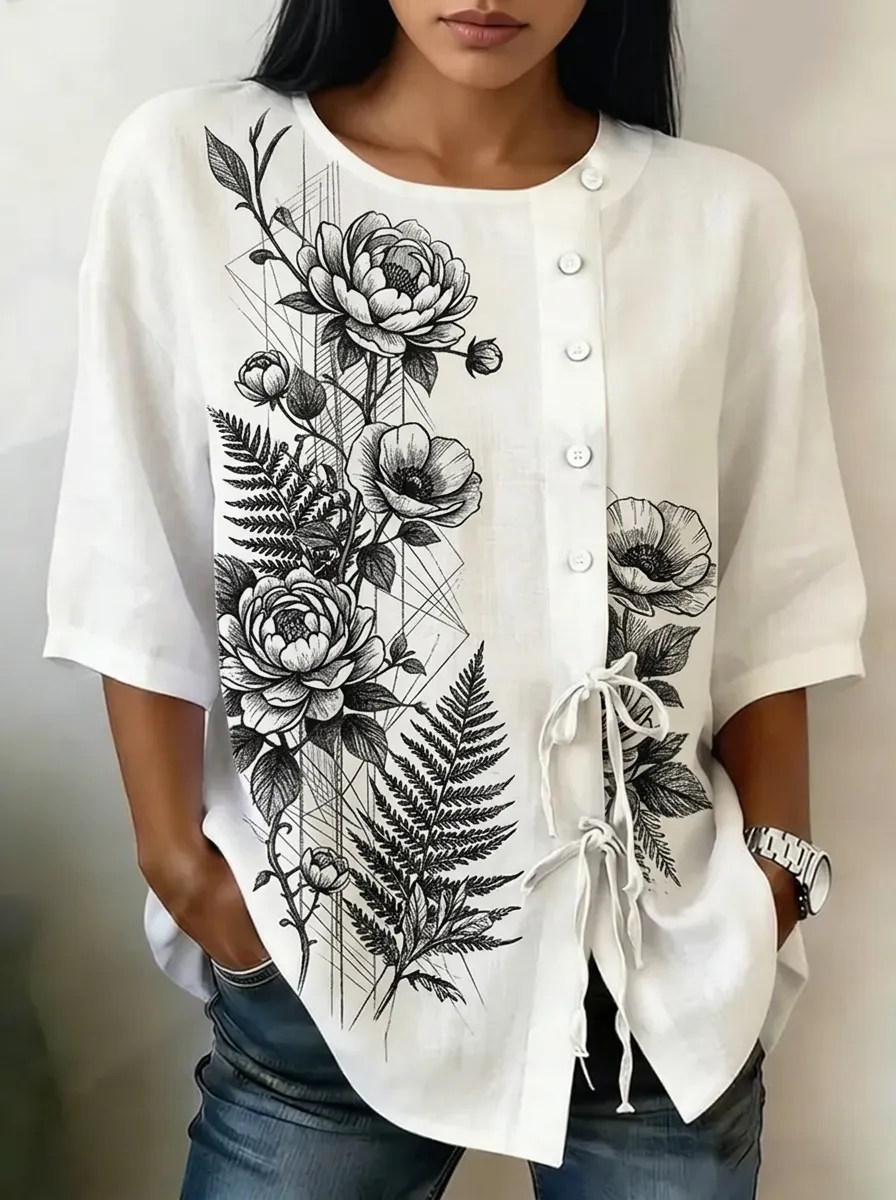 Women's Nashville Botanical Floral Fern Printed Button-Up Top