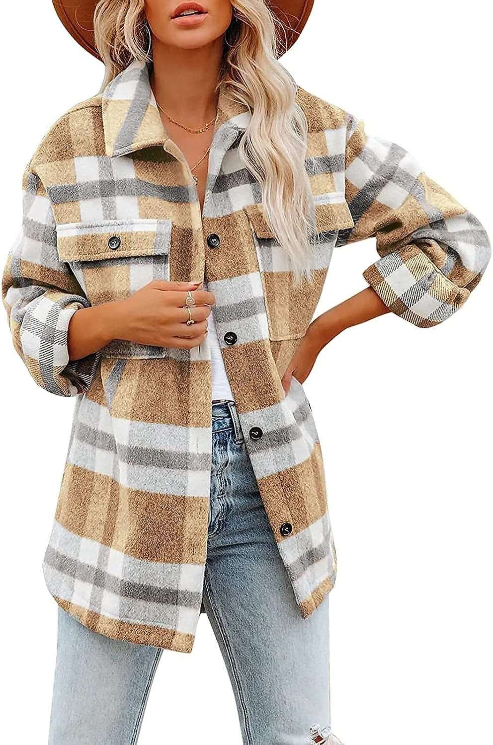 Women's Flannel Plaid Shacket Long Sleeve Button Down Chest Pocketed Shirts Jacket Coats