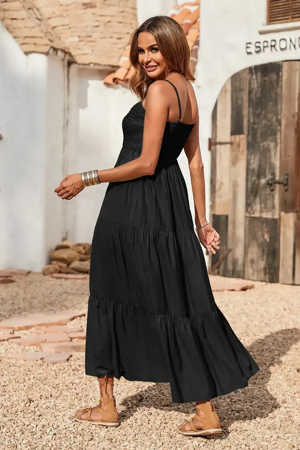 Sleeveless Spaghetti Strap Smocked Tiered Maxi Dress