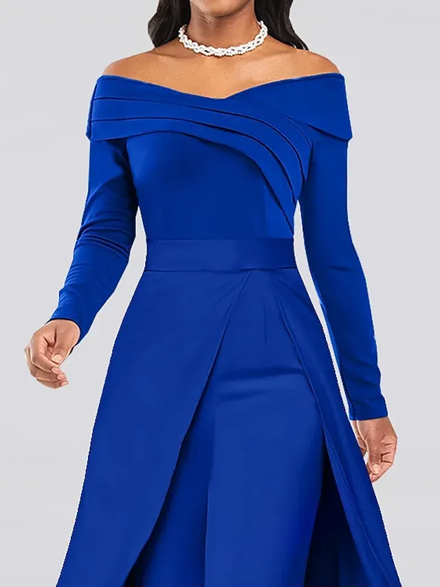Women's Jumpsuit Solid Color Off Shoulder Elegant Wedding Party Wide Leg Regular Fit Long Sleeve Red Royal Blue S M L All Seasons