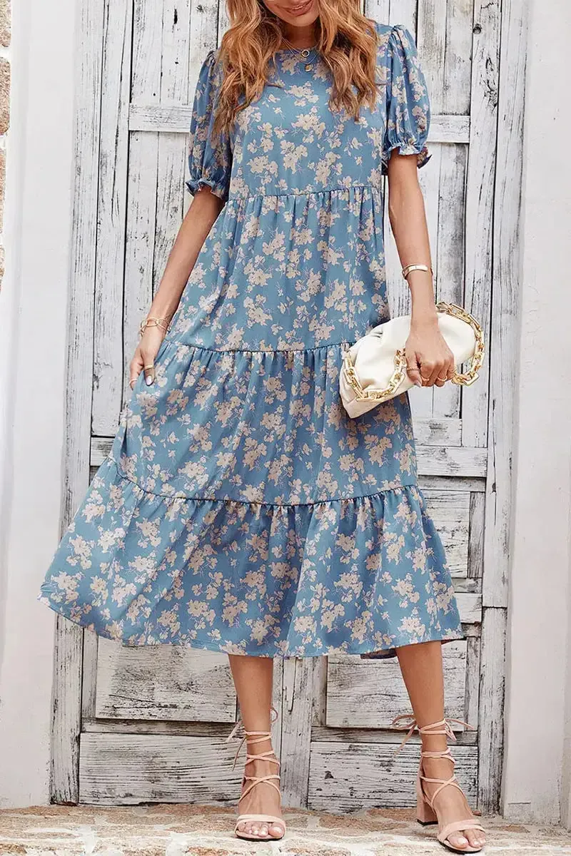 Floral Print Ruffle Puff Sleeve High Waist Midi Dresses