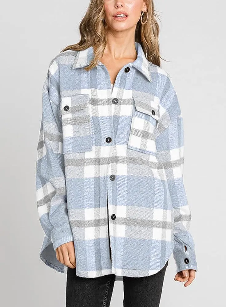 Women's Flannel Plaid Shacket Long Sleeve Button Down Chest Pocketed Shirts Jacket Coats