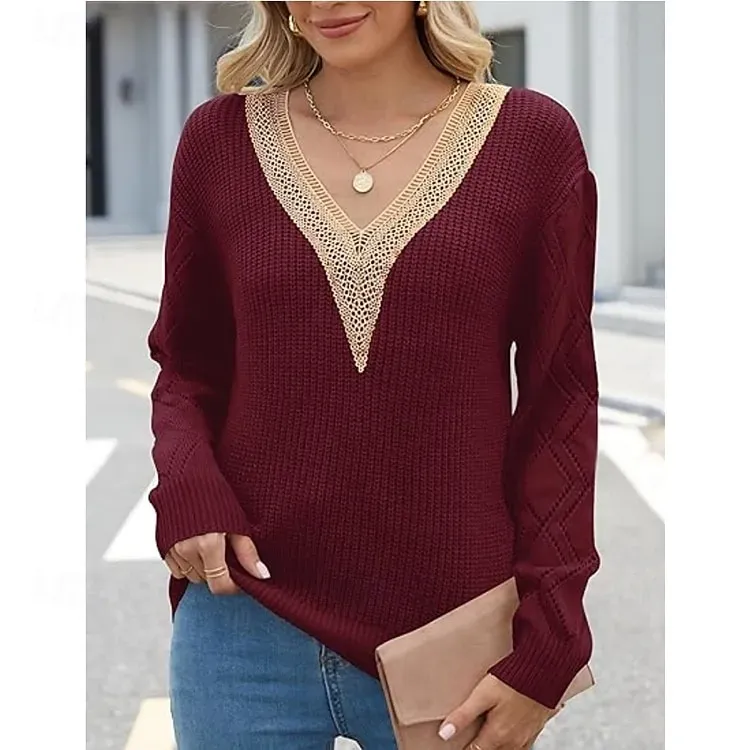 Women's Pullover Sweater Jumper Elegant Solid Color Ribbed V Neck Lace Long Sleeve Regular Tops Knit Daily Black White Spring Fall