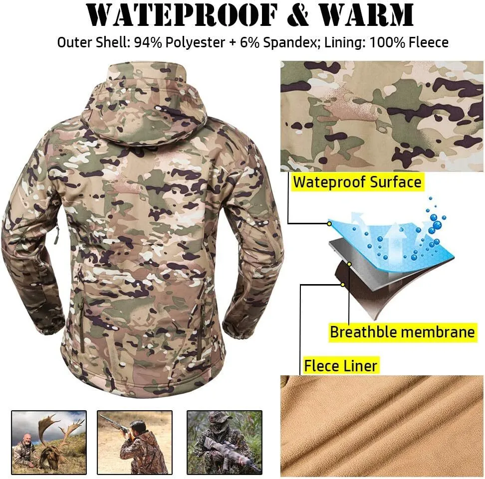 Men's Soft Shell Military Tactical Jacket Outdoor Camouflage Hunting Fleece Hooded Coat