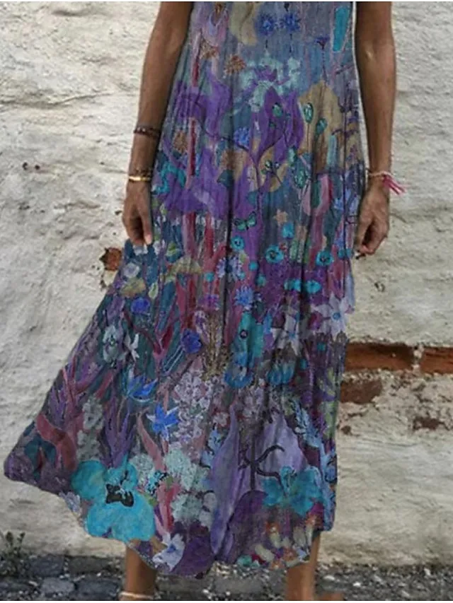 Women's Casual Dress Shift Dress Long Dress Maxi Dress Wine Blue Green Short Sleeve Floral Print Summer Spring Crew Neck Vintage Vacation Summer Dress Spring Dress 2023 S M L XL XXL 3XL