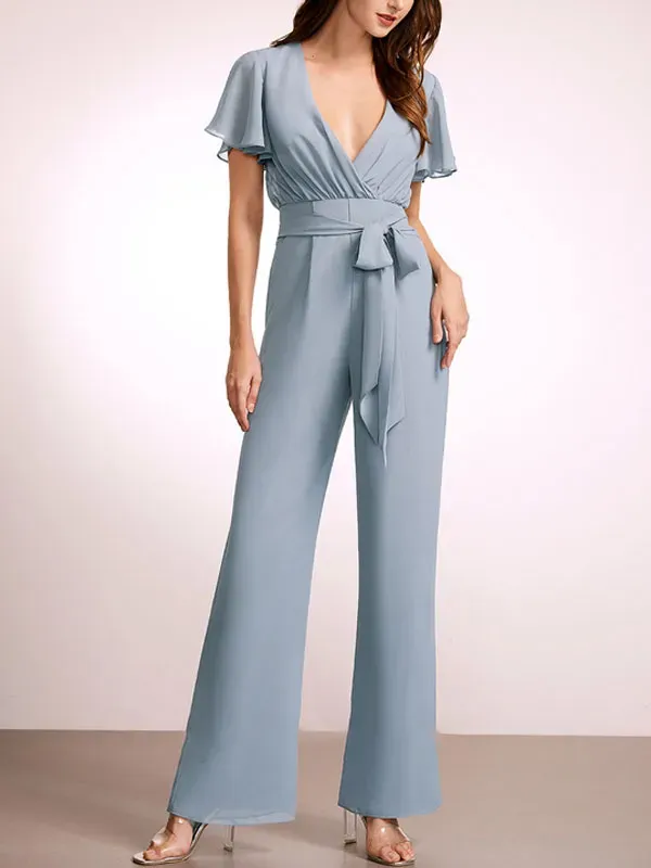 Jumpsuit/Pantsuit V-Neck Floor-Length Chiffon Bridesmaid Dress With Ruffle