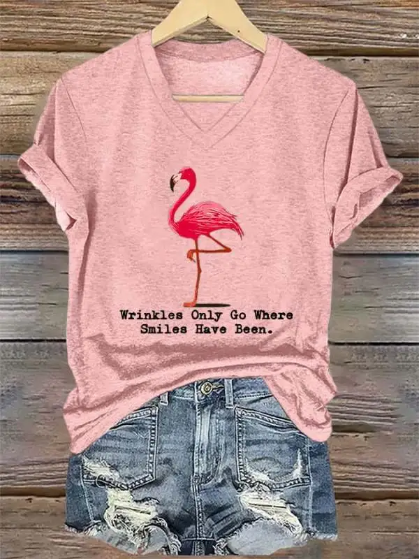 V-Neck Retro Flamingo Wrinkles Only Go Where Smiles Have Been Print T-Shirt