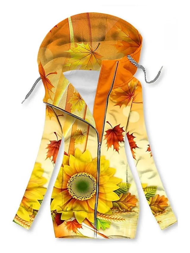 Women's Zip Hoodie Sweatshirt Streetwear Zip Up Black Yellow Light Green Floral Geometric Butterfly Street Casual Hoodie Long Sleeve Top Micro-elastic Fall & Winter