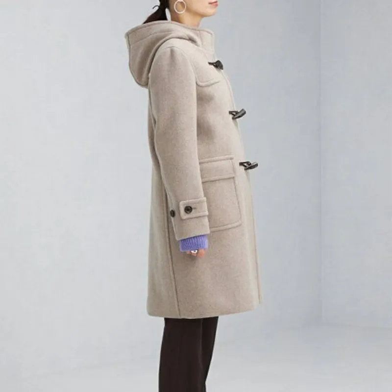 Women's thickened hooded woolen pocket coat