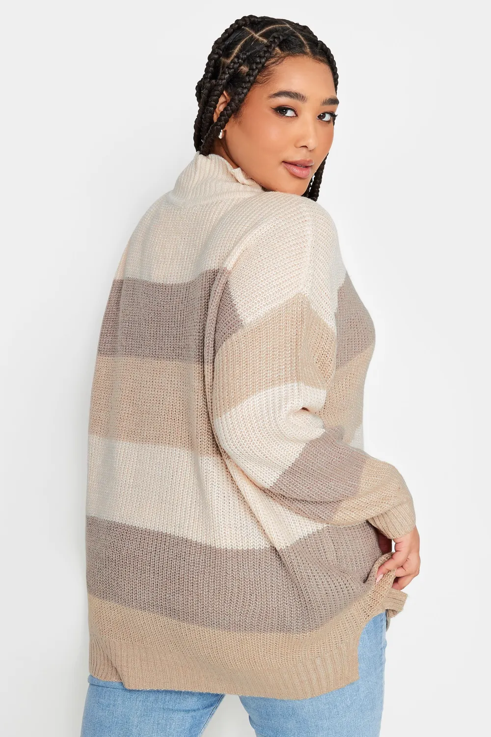YOURS Curve Grey Stripe High Neck Knitted Jumper