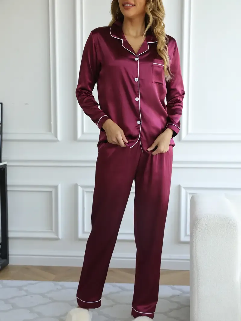 Solid Pajama Set, Long Sleeve Button Up Lapel Top & Pants Pj Set - Women's Sleepwear & Loungewear